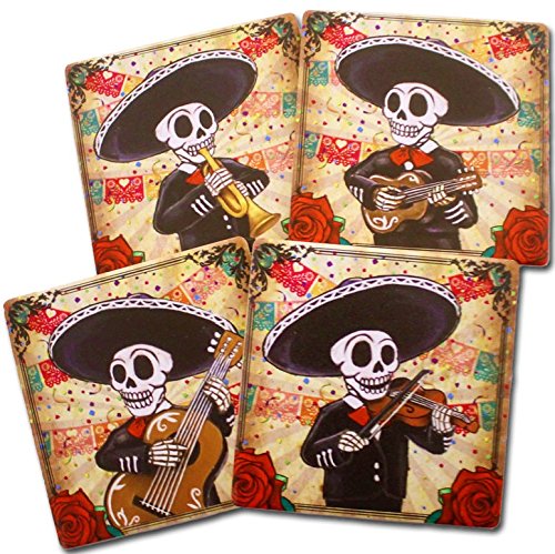 Day of the Dead Mariachi Band Coasters Set of 4 | Dia de los Muertos Home and Kitchen Decor Giftware