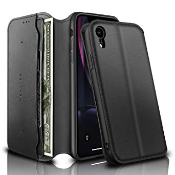 REALIKE iPhone XR Wallet Case Leather Folio Flip Case with Kickstand for iPhone XR Slim Fit with Magnetic Closure Shockproof Protection for Men and Women. -Black Color