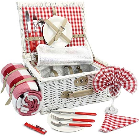 INNO STAGE Romantic Wicker Picnic Basket for 2 Persons, Special White Washed Willow Hamper Set with Big Insulated Cooler Compartment, Free Blanket and Cutlery Service Kit for Outdoor Party or Camping