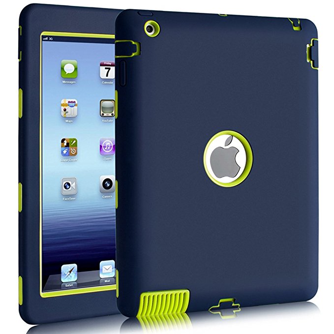 iPad 2 Case, iPad 3 Case, iPad 4 Case, BENTOBEN Heavy Duty Rugged Shock-Absorption High Impact Resistant Hybrid Three Layer Armor Full Body Protective Case for iPad 2nd /3rd /4th Generation Retina, Navy Blue/Lime Green