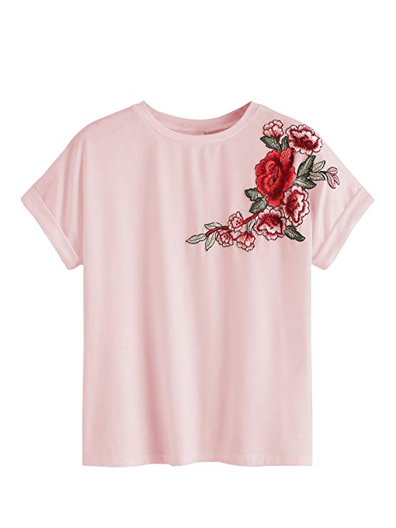 Romwe Women's Floral Embroidery Cuffed Short Sleeve Casual Tees T-Shirt Tops