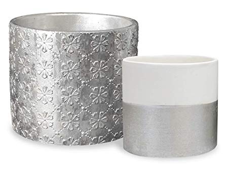 Ceramic Plant Flower Pots Indoor - Silver Foiled Embossed 6.3" Pack 2 Handmade Floral Pattern Cement Planter with Drainage Plug, Home Decor Gift