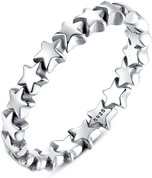 BAMOER 925 Sterling Silver Stars Ring Size 6-9 for Women Girls Engagement Rings Gifts