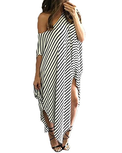 ZANZEA Womens Round Neck Striped Irregular Long Maxi Dress Kaftan Dress Cover up