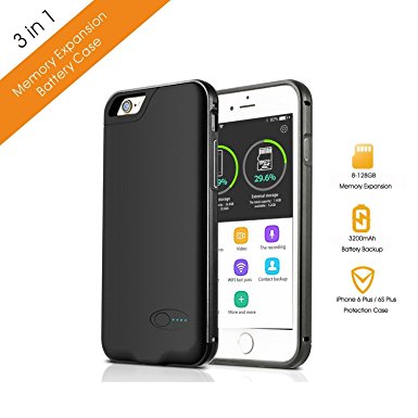 iPhone 6S Plus/ 6 Plus Memory Battery Case, LetCome Battery Case with TF Card Slot (Support 8GB to 128GB ) for iPhone-3200mAh Ultra Slim Extended Portable Charger for iPhone 6S Plus/ 6 Plus (Black)