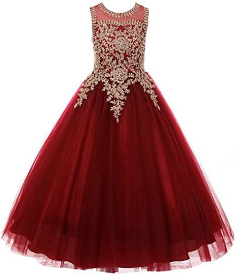 Formal Little Girls Long Pageant Dresses Prom Ball Gown Gold Lace Burgundy Tulle