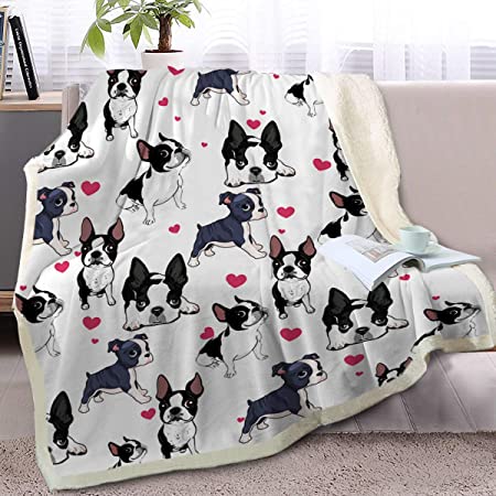 BlessLiving Boston Terrier Blanket Red Heart Dog Print Plush Blanket Cute Puppy Cozy Fleece Blankets for Kids Adults Animal Lightweight Blanket Gift for Pet Lovers, Black and White, 50 x 60 Inch