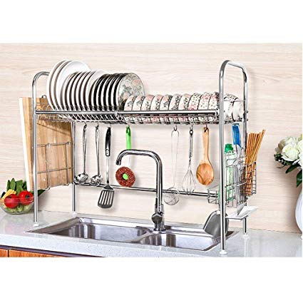 RZChome Single Layer Compact Countertop Dish Drying Rack Stainless Steel Dish Storage with Chopstick Holder Rrustless Dishwasher Nonslip Suit for Kitchen,Dining Room,Restaurant