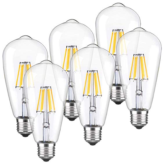 LED Edison Bulb Dimmable Vintage Style Filament Light Bulbs 2700K Warm White 60W Equivalent E26 Base 6-Pack by LUXON