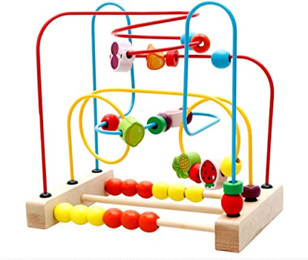 Kunmark Wooden Fruits Insect Bead Maze Roller Coaster Activity Cube Educational Abacus Beads Circle Toys Training Child Attention Count and Grasping Ability (Fruit Bead) ¡­