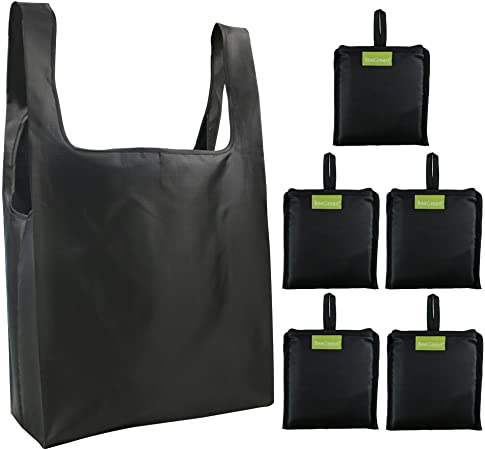 Tote Bags Gift Bags for Grocery Shopping Reusable 5 Black Bags Machine Washable Foldable Ripstop Totes with Pouch 50LBS
