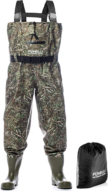 Foxelli Nylon Chest Waders – Camo Fishing Waders for Men with Boots - Use for Fly Fishing, Duck Hunting, Emergency Flooding – 100% Waterproof, Carrying Bag Included