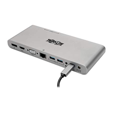 Tripp Lite USB C Docking Station w/ USB-A Hub, USB Type C, HDMI, VGA, DP, Gbe Gigabit Ethernet PD Charging 4K@ 30Hz, Portable, Thunderbolt 3 Silver (U442-DOCK4-S)