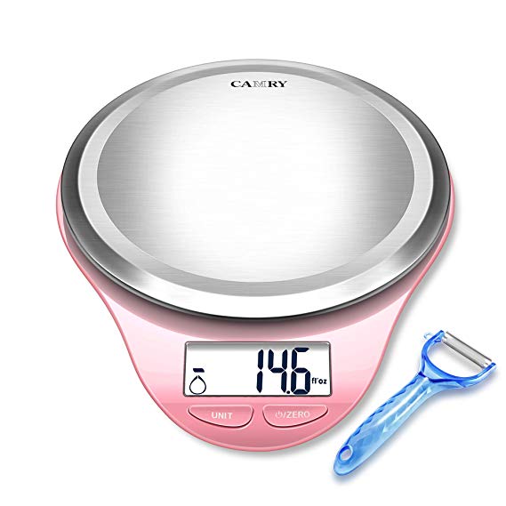 Digital Food Scale with Vegetable Peeler, Digital Weight, Grams and Ounces 11lb 5kg by NUTRI FIT, pink light