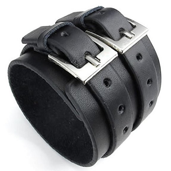 KONOV Wide Genuine Leather Mens Bangle Cuff Bracelet, Punk Rock, Fits 7" to 8.5", Black