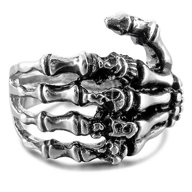 INBLUE Men's Stainless Steel Ring Band Silver Tone Black Skull Hand Bone