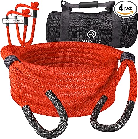 Miolle ATV/UTV Kinetic Recovery Rope kit (Firecracker RED, 1/2" x20') - Offroad Snatch Strap - Includes 2 Soft Shackle for Snowmobile, Truck, Car - Ultimate Elastic Straps Towing Gear