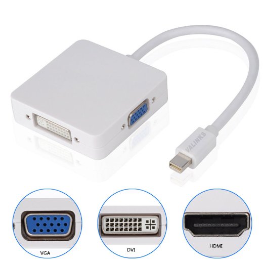 Valinks(TM) Mini DisplayPort Mini DP (Thunderbolt) to DVI VGA HDMI TV AV HDTV Adapter Cable 3 in1 for Mac Book, iMac, Mac Book Air, Mac Book Pro, and Mac mini (White)