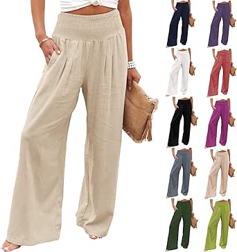 Women Linen Palazzo Pants 2024 Summer Wide Leg Elastic High Waist Casual Loose Beach Travel Lounge Pants with Pockets