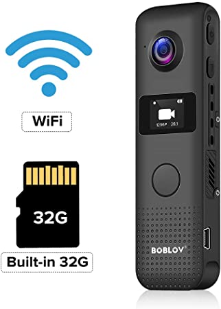 BOBLOV 1296P Mini Camera Body Worn Camera Support WiFi 32G with OLED Screen 3.5 Hours 1080P Recording One Big Button for Recording (Built-in 32GB)