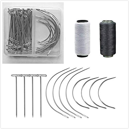 Wig Making Pins Needles Thread Set 50 Pieces Wig T Pins and 20 Pcs C Type Crochet Needle 2 Rolls Black and White Thread for Sewing Hair Weave Extensions Knitting Dreadlock Accessories