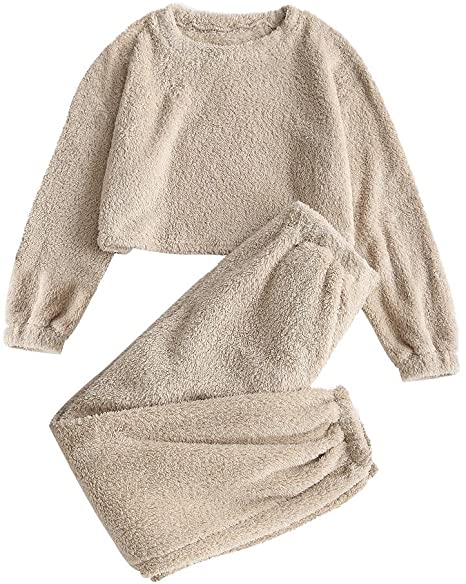 ZAFUL Women's Fuzzy Lounge Casual Pajamas Sets Long Sleeve Fleece Pullover and Pants Set 2 Piece Fluffy Loungewear Sleepwear