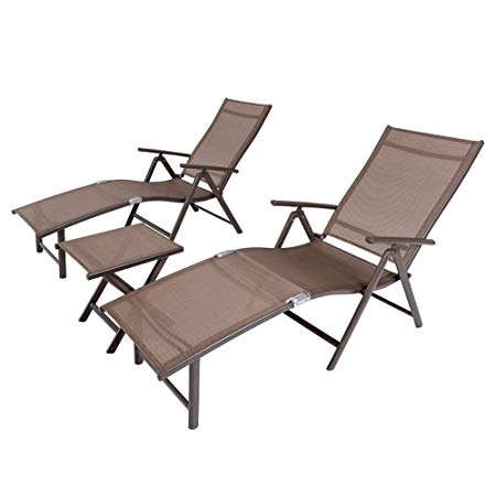 Crestlive Products Aluminum Beach Yard Pool Folding Recliner Adjustable Chaise Lounge Chair and Table Set All Weather for Outdoor Indoor (Brown & Black)
