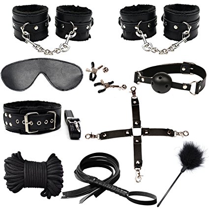 Bondage Restraint Kit 10Pcs Adult's Fun Toys Fetish Bed Restraints System with Handcuffs Footcuffs Whip Rope Blindfold Mask Ball Gag Magic Wand Cross Strap Couples Toy Set for Men Women (Black)