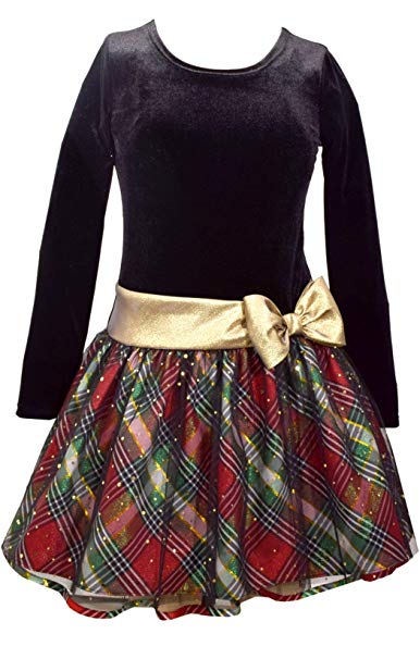 Bonnie Jean Girls Plaid Sparkle Gold Bow Hipster Dress