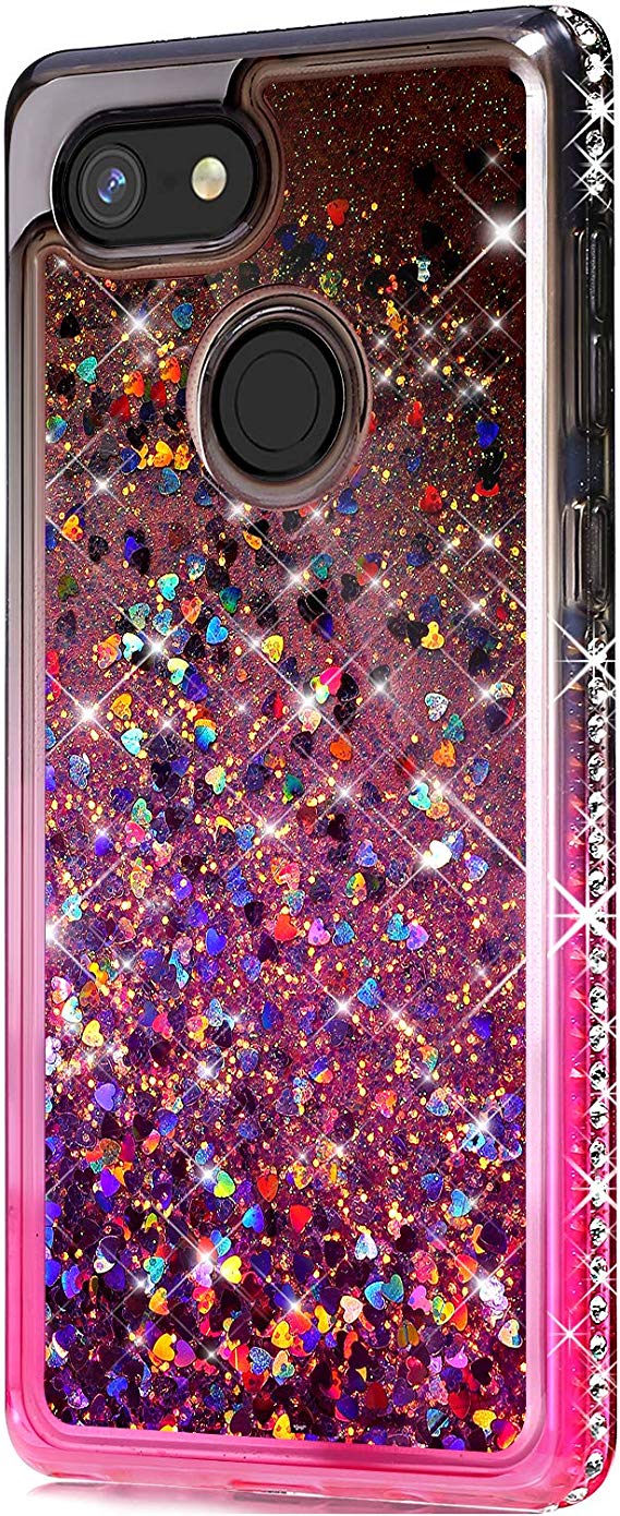 Case for Google Pixel 3 XL,Girls Women Flowing Floating Liquid Quicksand Bling Glitter Sparkle Rhinestone Diamond Bumper Soft Gradient Color TPU Case Cover for Google Pixel 3 XL Bling Case,Black Pink