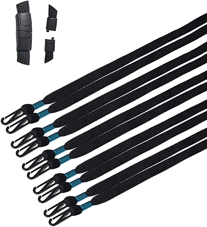 5 Pack Kids Face Mask Lanyards with Safety Breakaway Clasp, Adjustable Length Ear Saver Holder with Plastic Clips for Kids Men Women, Prevents Dropping of Masks (16.5-inch, Black, Flat Rope)
