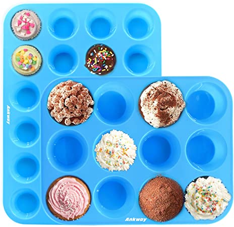 Ankway Silicone Muffin Pan Set Regular 12 Cups and Mini 24 Cups Non Stick Cupcake Baking Pan BPA Free Cookies Molds Safe for Microwave Dishwasher Freezer