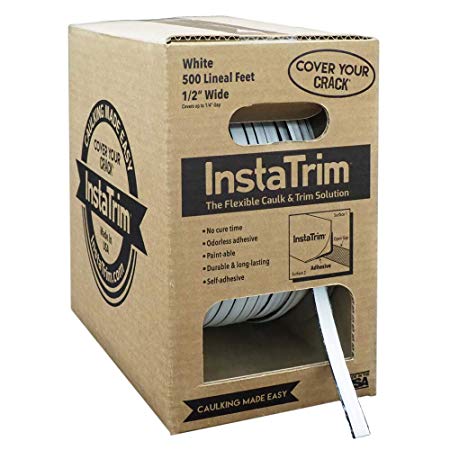 InstaTrim - Universal, Flexible, Adhesive Caulk and Trim Solution - Cover Gaps Between Walls, Floors, Ceilings, and More, 1/2 in. Wide x 500 ft. Long (White)