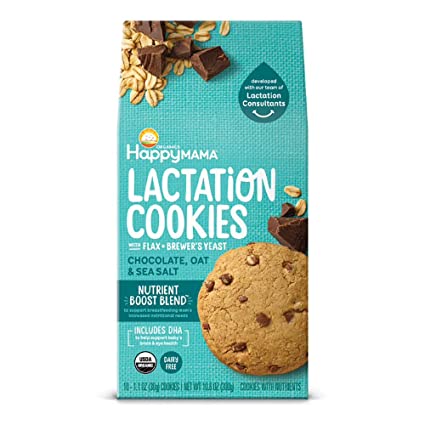 Happy Mama Organics Lactation Cookies With Flax   Brewer's Yeast Chocolate, Oat & Sea Salt, 10.6oz, 10Count