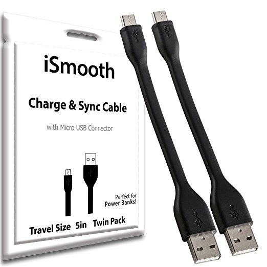 5" (inch) Travel Micro USB Cable, Twin Pack Cables, Flexible Charge and Sync Cords: Perfect for Power Banks, Laptops, Lipstick Chargers; by iSmooth