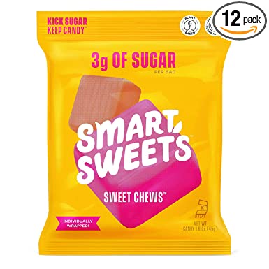 SmartSweets Sweet Chews, Candy with Low Sugar (3g), Low Calorie, Plant-Based, Kosher Certified, No Artificial Colors or Sweeteners 1.6 oz Bags (Pack of 12)