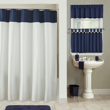 Furniture Fresh: Newport Waffle Weave Shower Curtain, White Body with Navy Top Stripe (70 Wide x 72 Long, Navy)