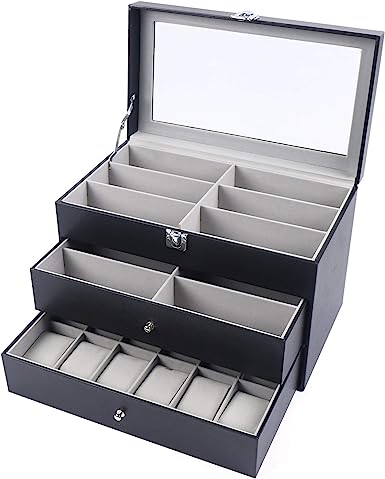 SHZICMY Sunglass Organize Box,3 Layer 12 Slots Multiple Glasses Organizer 12 Slots Watch Organizer,Eyeglass Sunglass Storage Box Display,Black