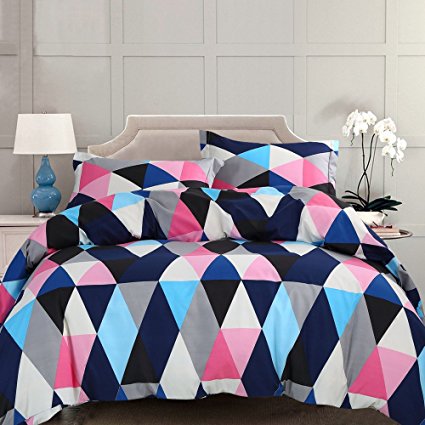 NTBAY 3 Pieces Duvet Cover Set Microfiber Colorful and Vivid Triangle Printed Pattern Design with Hidden Zipper(Queen, Navy)