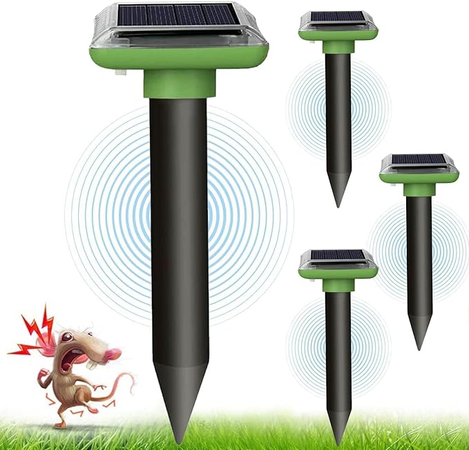 Solar Mole Repellent, Ultrasonic Gopher Repeller, Solar Powered Repellent Waterproof, Sonic Mole Deterrent, Outdoor Animal Deterrent for Gopher Vole Snake(4 Packs)
