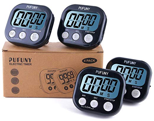 PUFUNY Digital Kitchen Timer,Cooking Timer,Large Display,Strong Magnet Back,Loud Alarm,Stand,for Cooking Baking Sports Games Office,User Guide Included,4 Pack Black