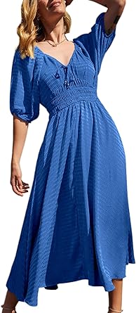 Dokotoo Womens Summer Dresses Plaid Puff Short Sleeve Drawstring V Neck Smocked High Waist Casual A-Line Flowy Midi Dress