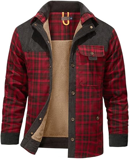 Haellun Men's Long Sleeve Sherpa Lined Shirt Jacket Flannel Plaid Fleece Coats