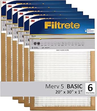 Filtrete 20x30x1 Air Filter, 3M MERV 5 HVAC AC Furnace Filter Replacement, 6-Pack (Actual Size 19.81x29.81x0.88 in)