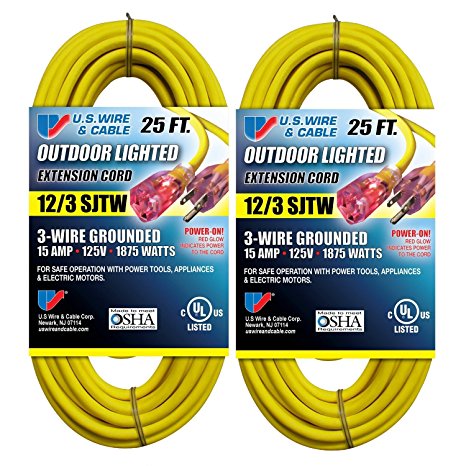 US Wire 74025 12/3 25-Foot SJTW Yellow Heavy Duty Lighted Plug Extension Cord (2-Pack)