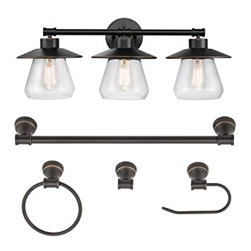 Globe Electric 51496 Nate 5-Piece All-in-One Bathroom Set, Brown, 3-Light Vanity Light with Clear Glass Shades, Towel Bar, Towel Ring, Robe Hook, Toilet Paper Holder