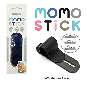 [Black Faux Leather] New MOMOSTICK: Stand and Finger Grip for Any Smartphones (iPhone & Android) with Reusable Sticky Gel Pad