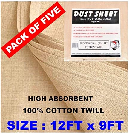 5 x DUST SHEETS 100% COTTON TWILL. Size : 12ft x 9ft. ***Pack of 5 Sheets***