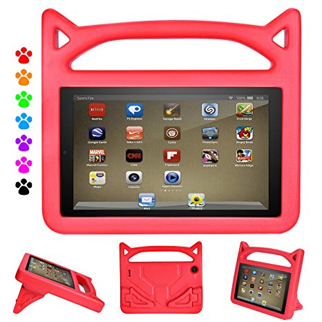 Kids-proof Case for F i r e HD 8 Tablet - Auorld Light Weight Protective Stand Cover for F i r e HD 8 (Compatible with 2017/2016 Release) (Red)