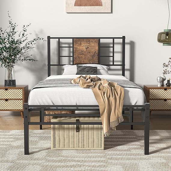 VECELO Twin Size Bed Frame with Headboard, Heavy-Duty Platform with Steel Slats Support, No Box Spring Needed/Easy Assembly, Matte Black & Brown